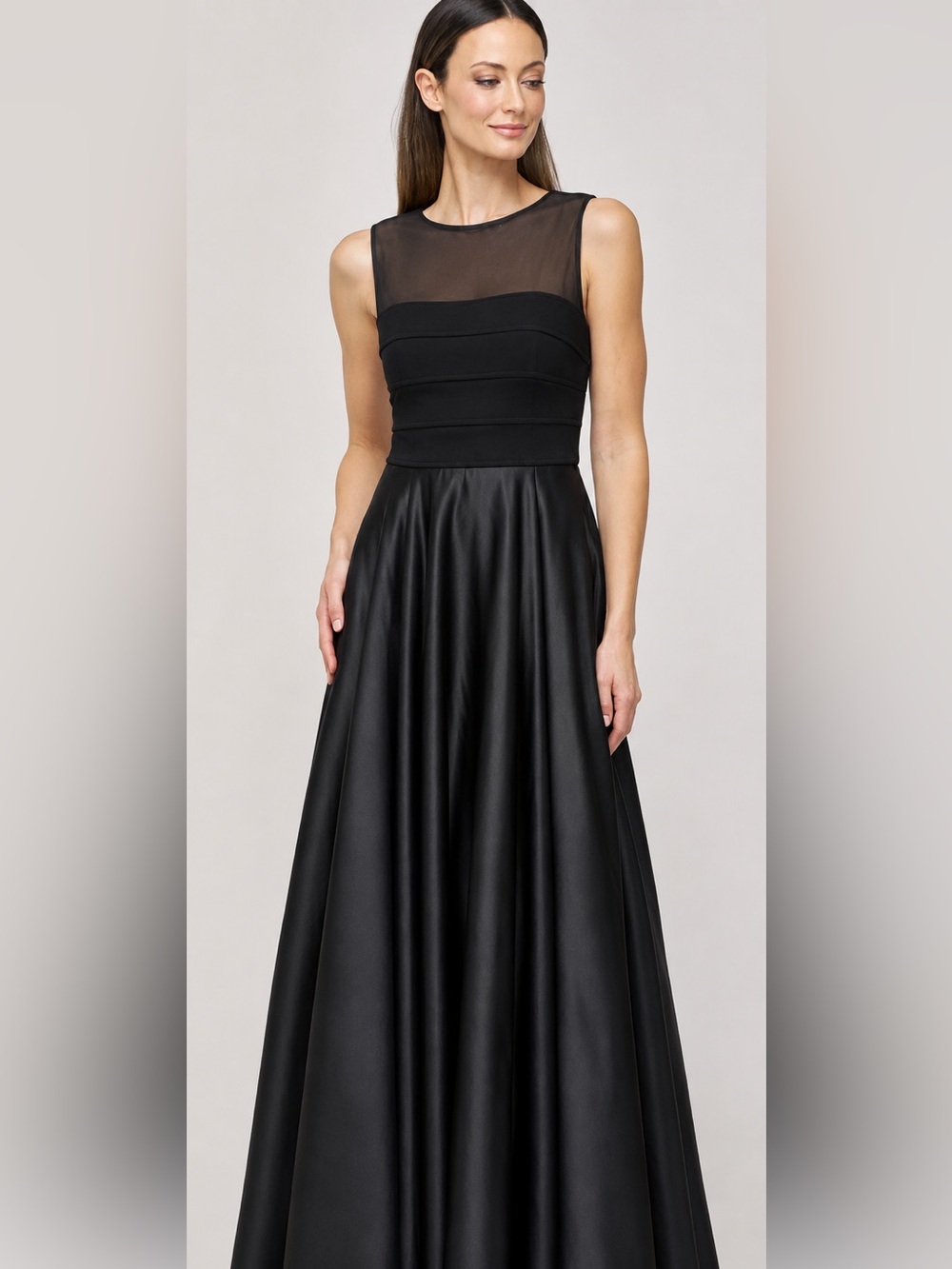 JS Collections Black Formal Dress with Illusion Mesh Bodice & Full Satin Skirt